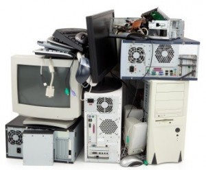 Obsolete computer electronics equipment for recycling, isolated on white.